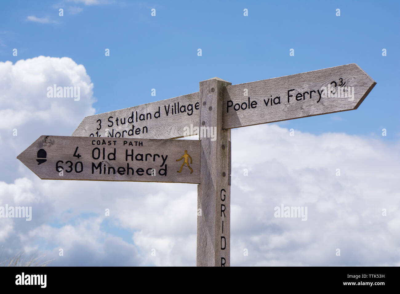 Fußweg Zeichen von Studland, Pool und Old Harry Rocks, Dorset, England, Großbritannien Stockfoto