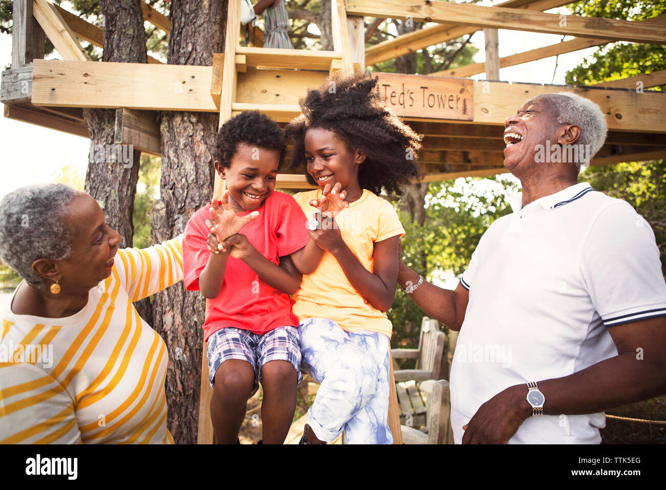Großeltern mit Enkel auf Tree House Stockfoto