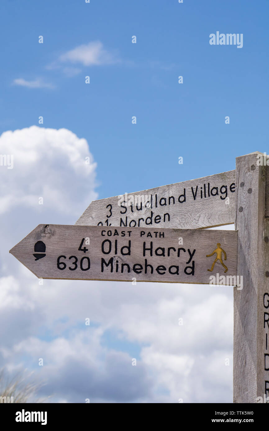 Fußweg Zeichen von Studland, Pool und Old Harry Rocks, Dorset, England, Großbritannien Stockfoto