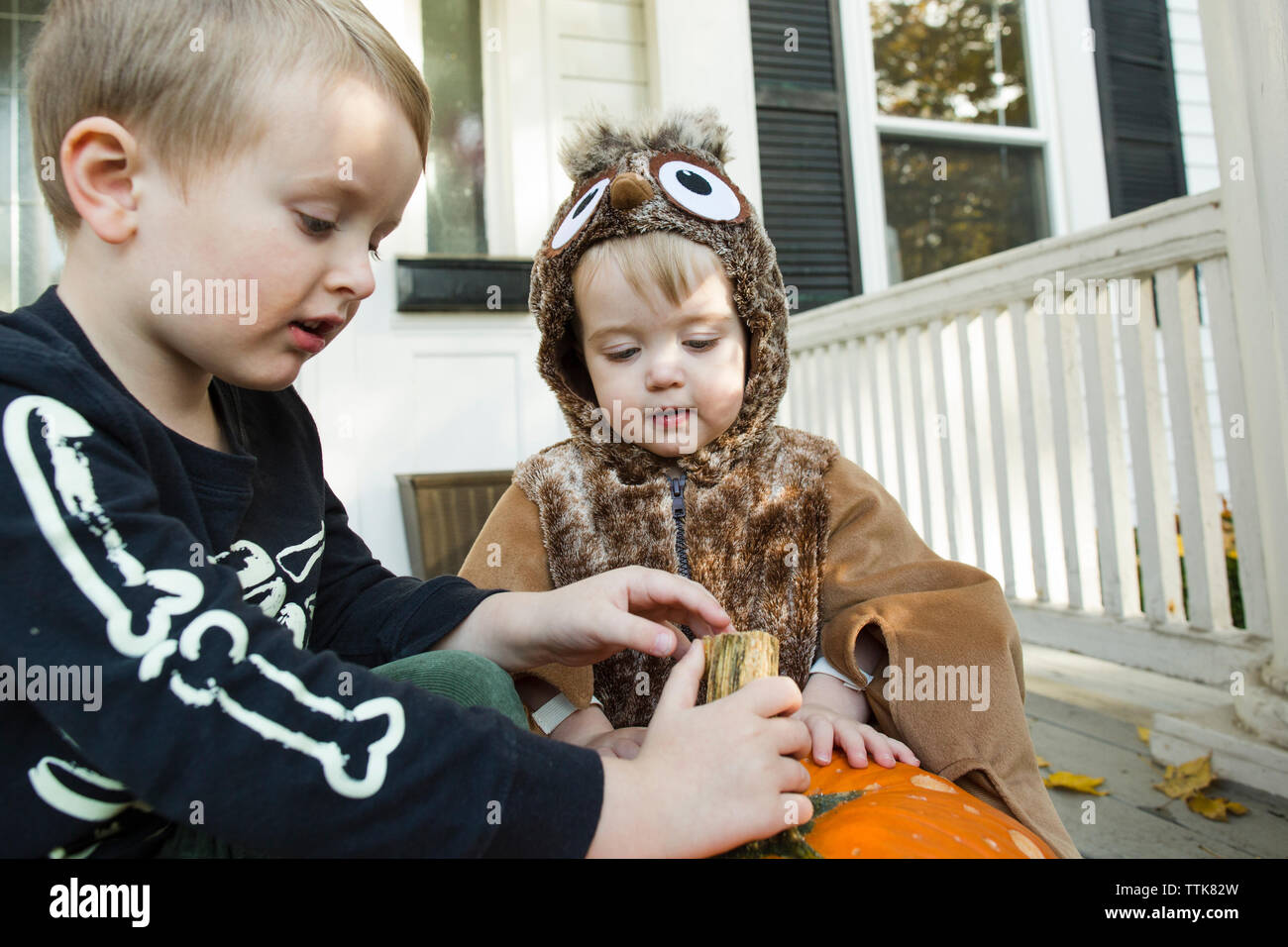 Zwei männliche Kinder sind neugierig, jack o lantern während der Halloween Stockfoto