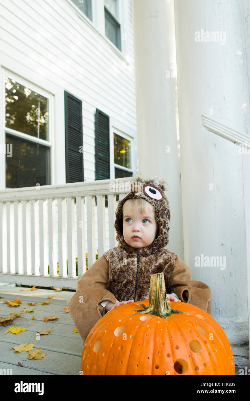 Portrait von niedlichen Toddler boy dress up wie eine Eule für Halloween Stockfoto