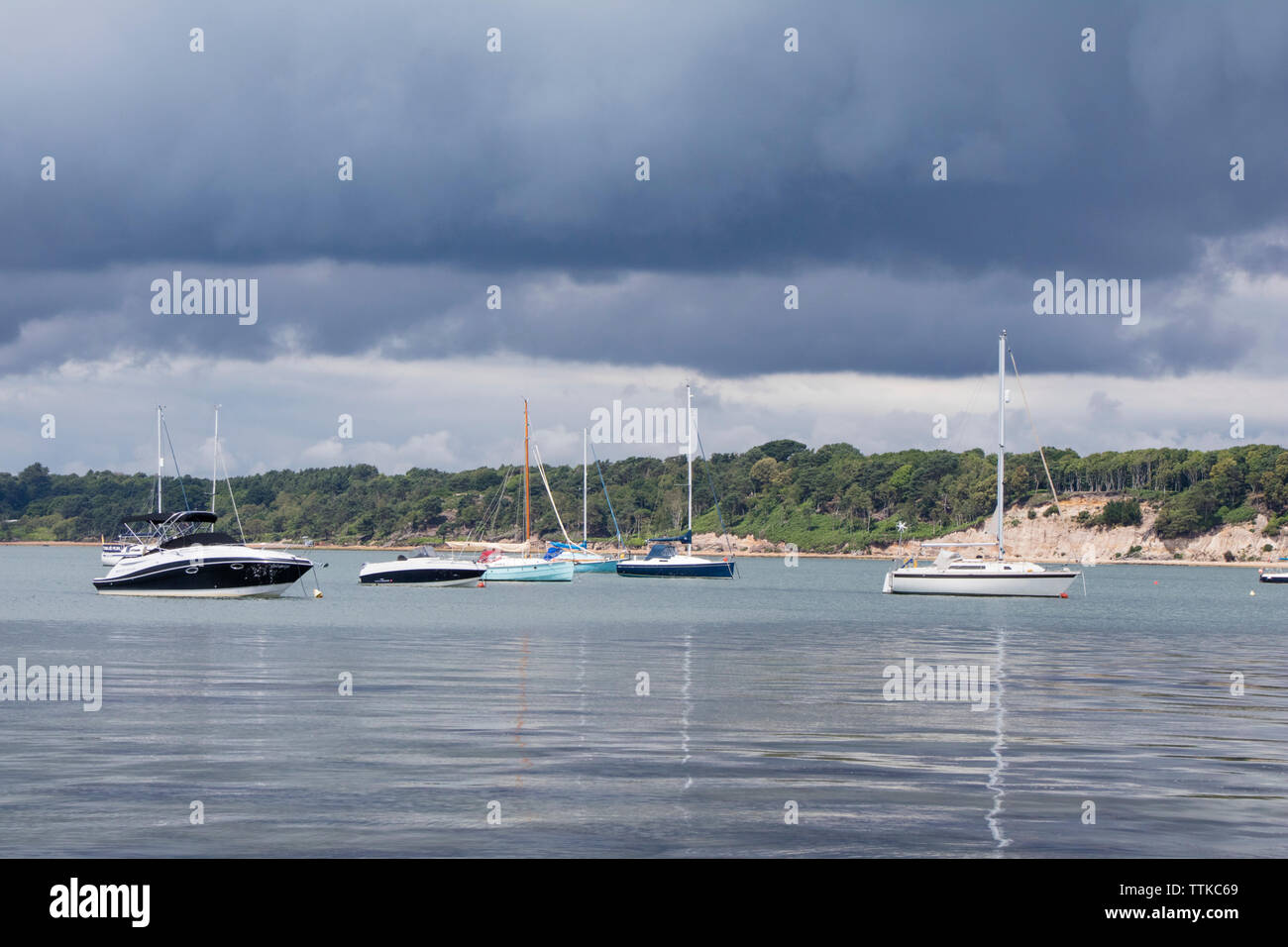 Boote liegen in Studland Bay, Pool Harbor, Dorset, England, Großbritannien Stockfoto