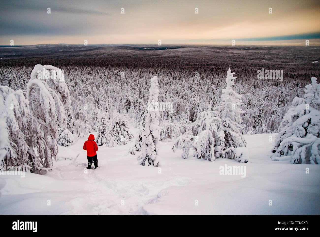 Menschen wandern auf schneebedeckten Berg gegen bewölkter Himmel Stockfoto