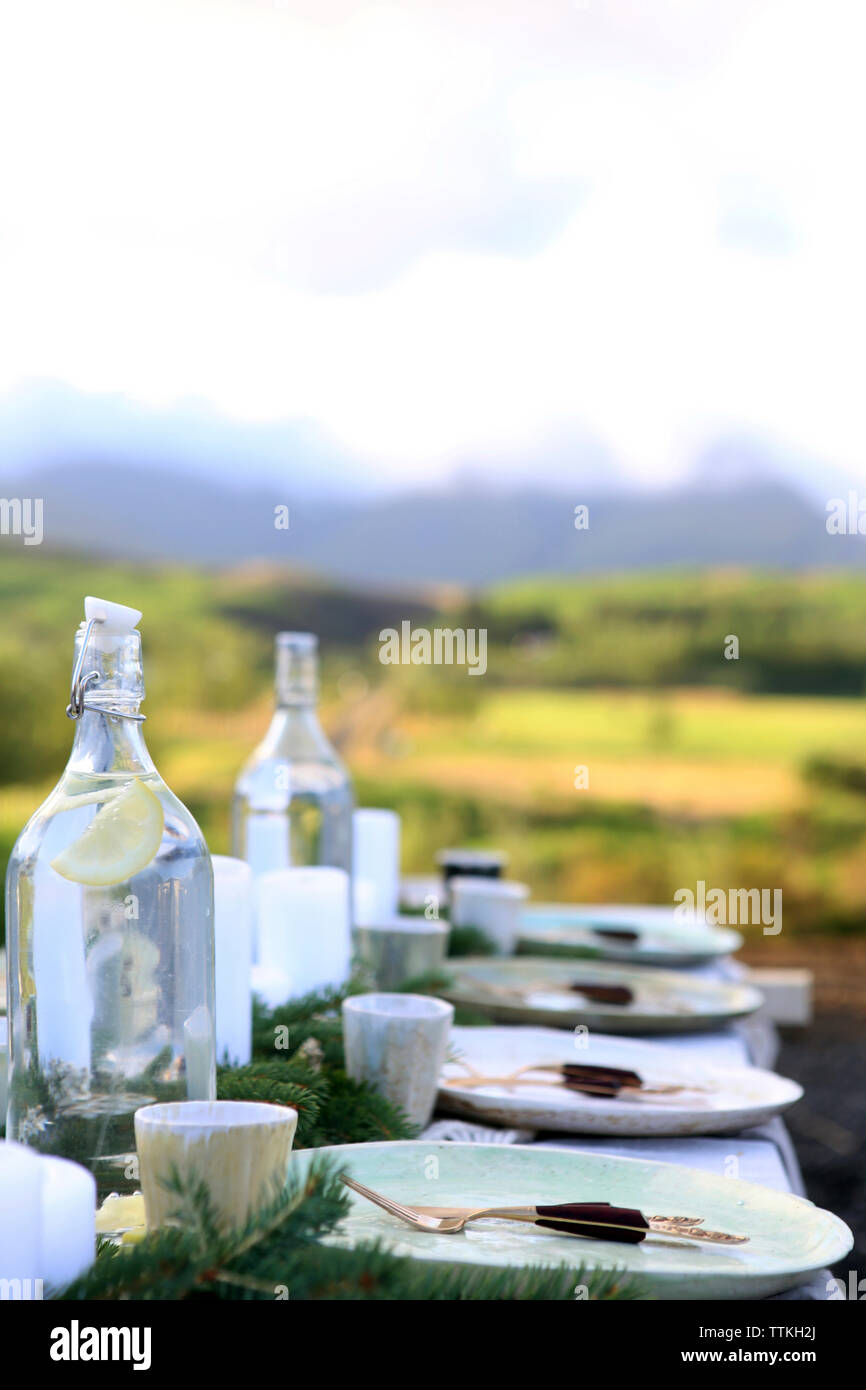 Die leeren Teller mit Alkohol Flaschen und Becher auf den Tisch im Hinterhof angeordnet Stockfoto