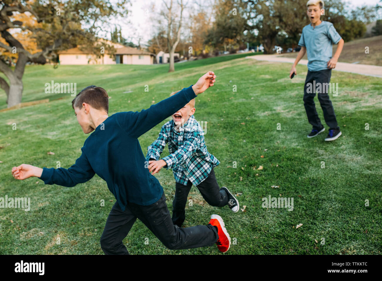 Verspielte Brüder zusammen spielen im Park Stockfoto