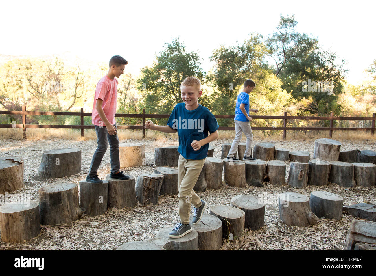Drei Jungs gehen auf Baumstümpfen Stockfoto
