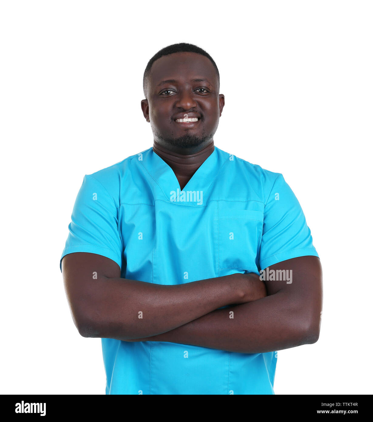 Professionelle afrikanische Arzt, isoliert auf weißem Stockfoto