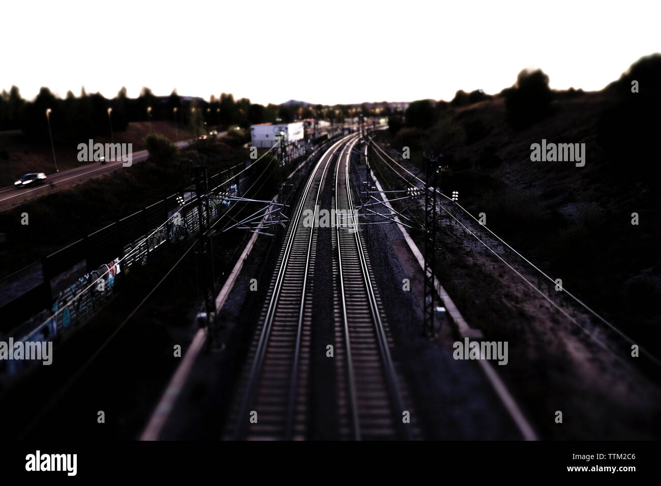 Tilt-shift Bild von Eisenbahnschienen Stockfoto