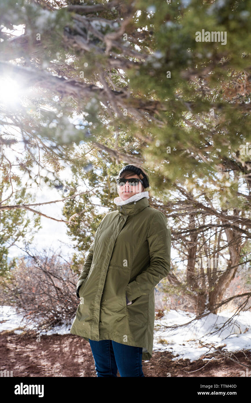 Frau mit Händen in den Taschen der Winter steht die Zweige an der Wüste im Winter Stockfoto