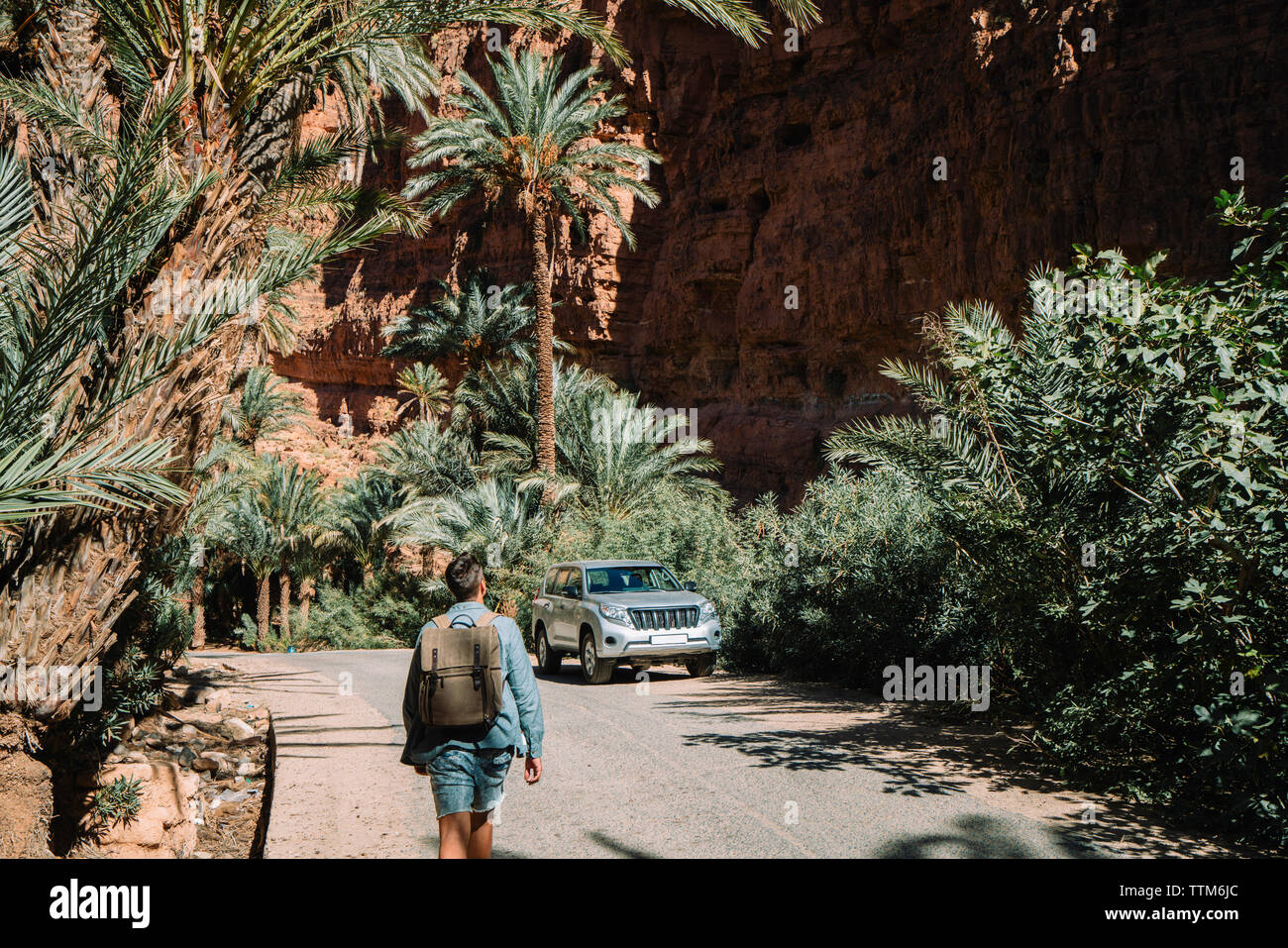 Ansicht der Rückseite des Mann mit Rucksack zu Fuß auf der Straße in Richtung Auto gegen Berge Stockfoto