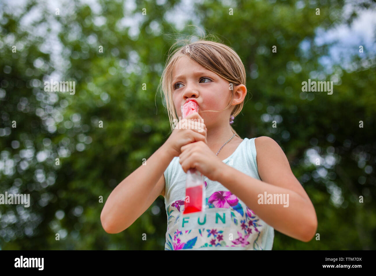Low Angle View von Mädchen, die beim Essen gewürzt Eis im Park Stockfoto