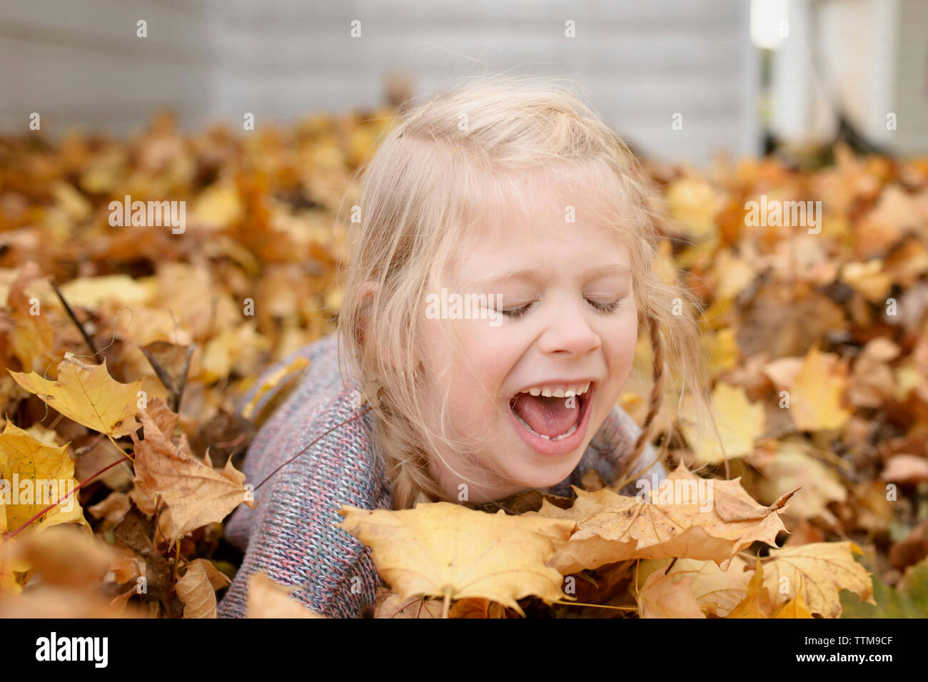Fröhliches Mädchen spielen mit Ahorn Blätter im Herbst Stockfoto