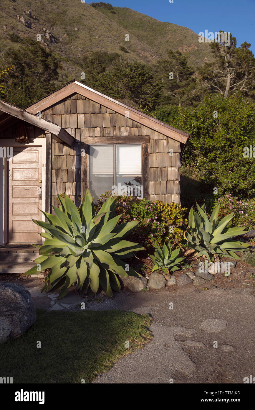 USA, Kalifornien, Big Sur, Esalen, kleinen Garten Aussicht Hütte am Esalen Institut Stockfoto