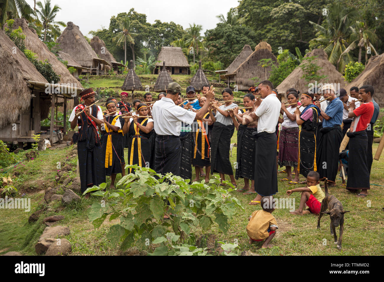 Indonesien, Flores, ngada Bezirk, Mitglieder der Belaraghi Dorf spielen Musik, seine Gäste willkommen zu heißen Stockfoto