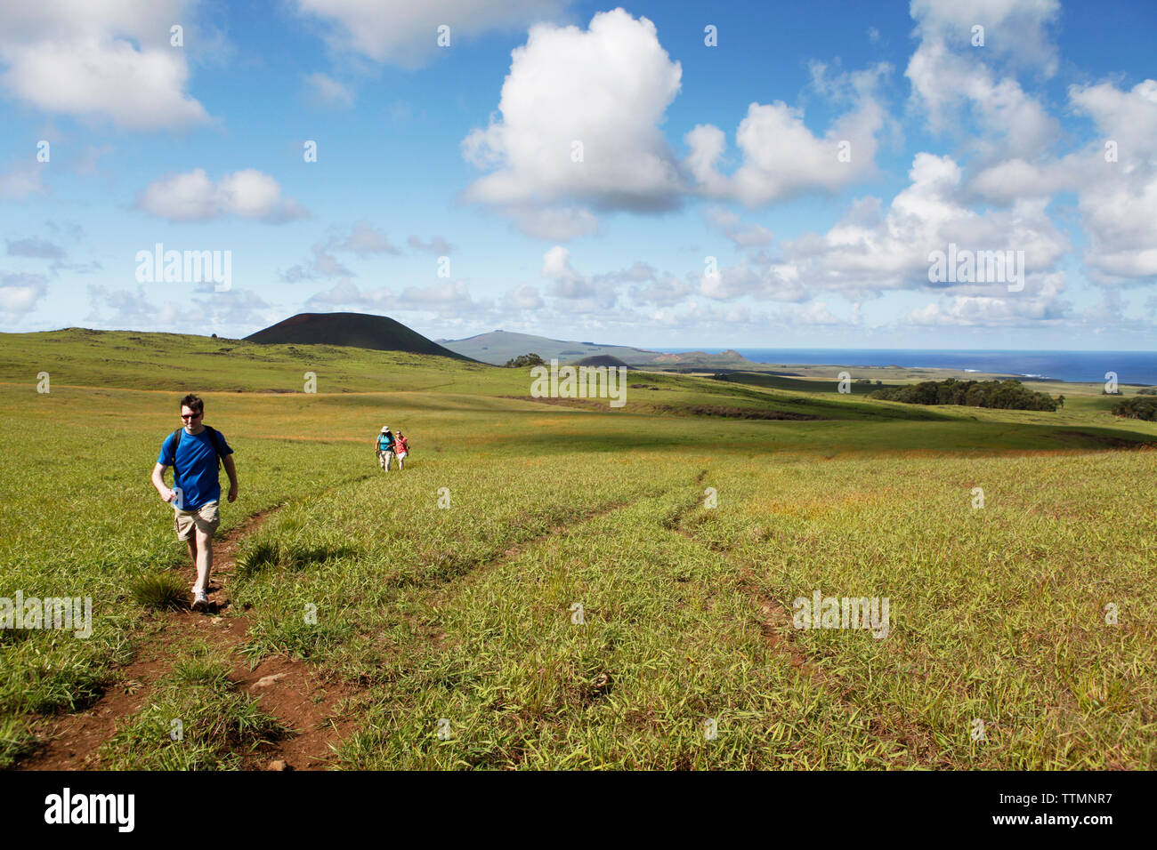 osterinsel, CHILE, Isla de Pascua, Rapa Nui, Wanderer erkunden die grünen, üppigen Hügel, die zum Maunga Terevaka, dem höchsten Punkt der Insel, führen Stockfoto
