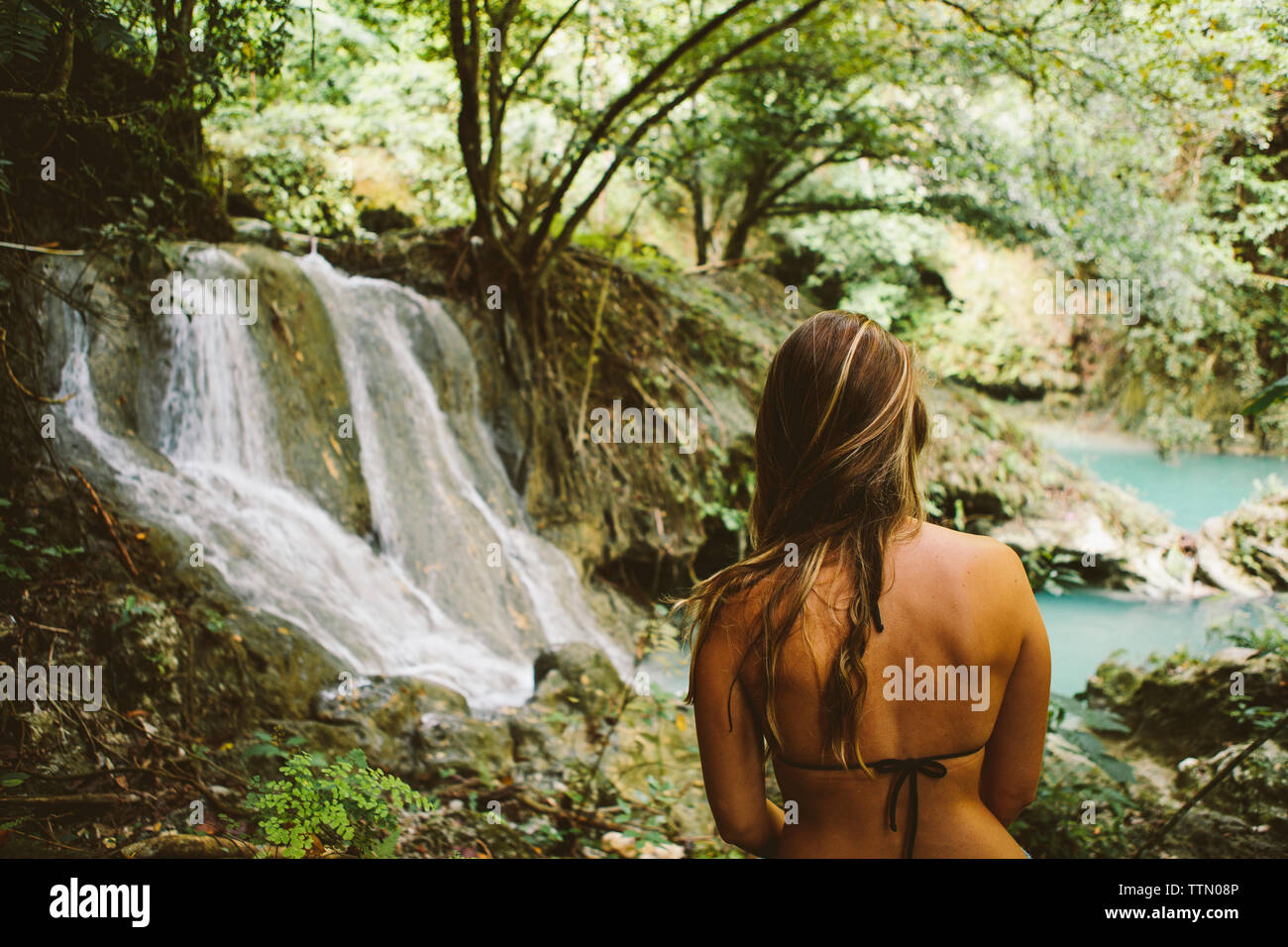 Junge Frau, tragen, bikini top und Ansicht im Wald suchen Stockfoto