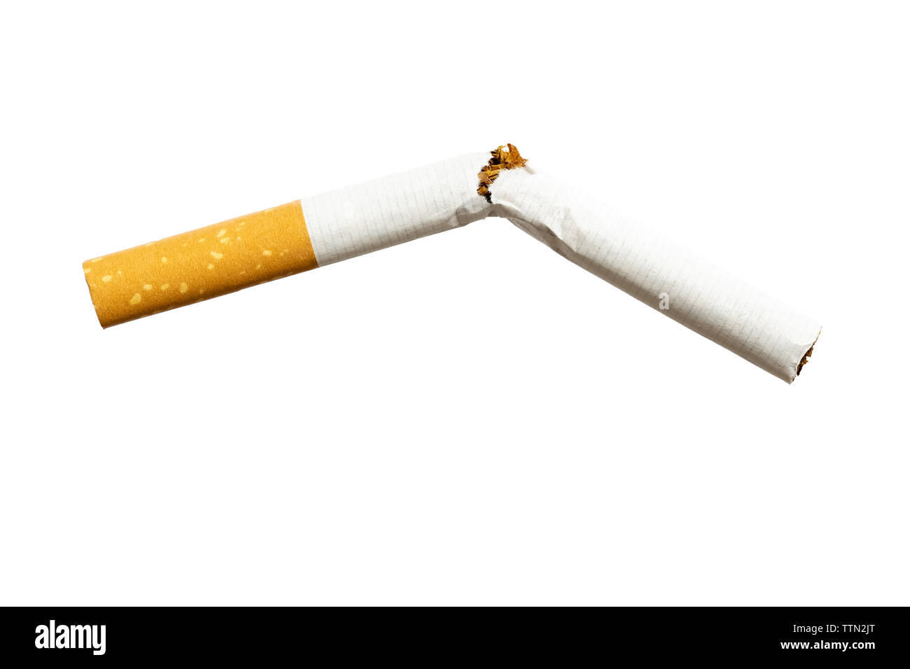 Frontale Großaufnahme der zerbrochene Zigarette auf weißem Hintergrund Stockfoto