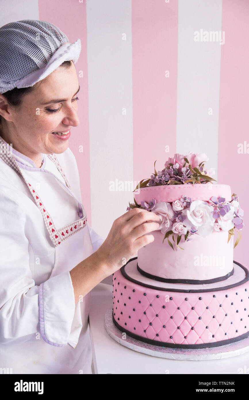 Seitenansicht Der Weiblichen Baker Dekorieren Kuchen Auf Gegen Die Wand Im Labor Stockfotografie Alamy