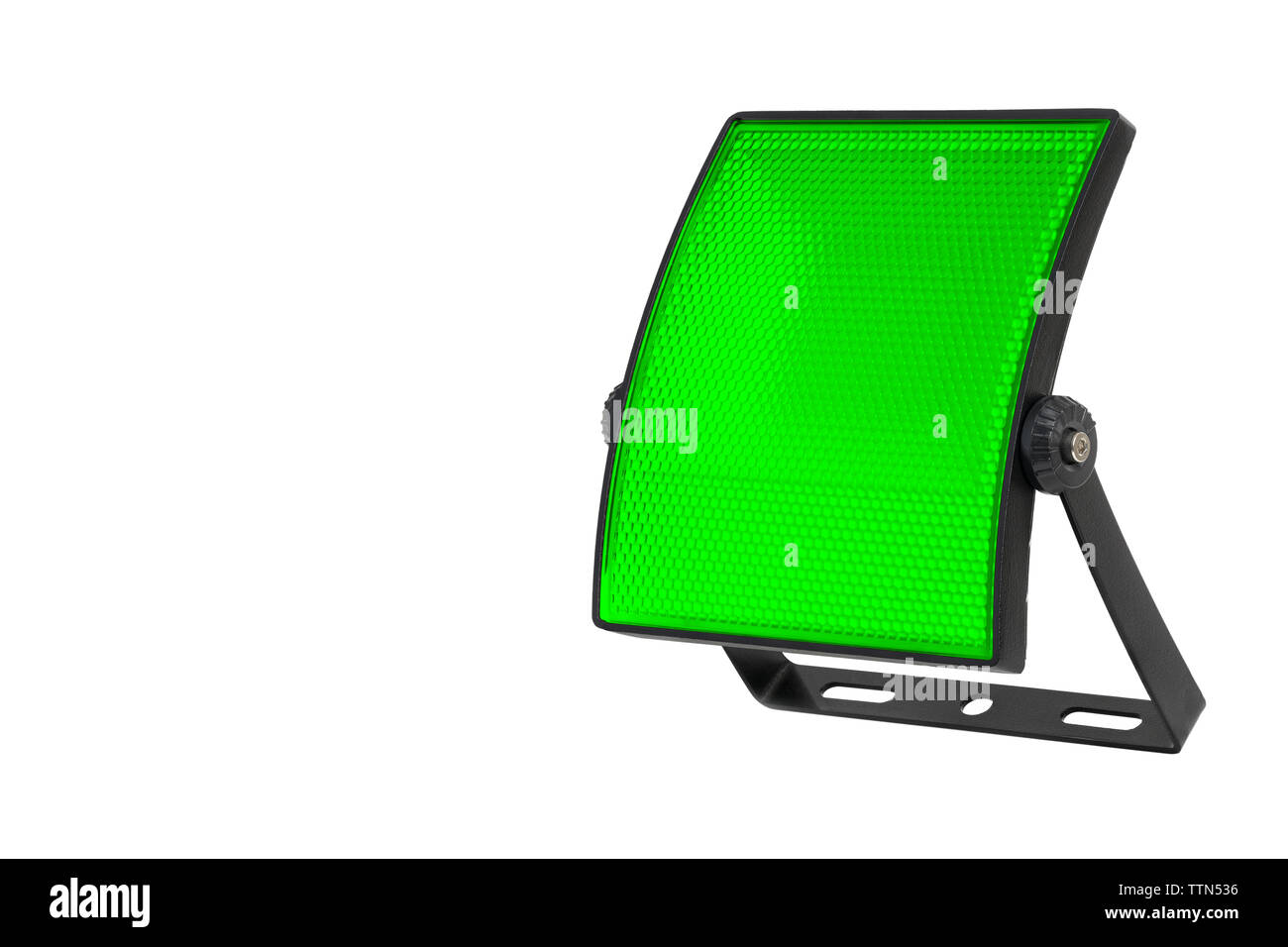 Gebogene LED Spotlight und Halterung auf einem weißen Hintergrund. Grüne Diffusor mit kleinen Zellen. Eine hohe Auflösung. Stockfoto