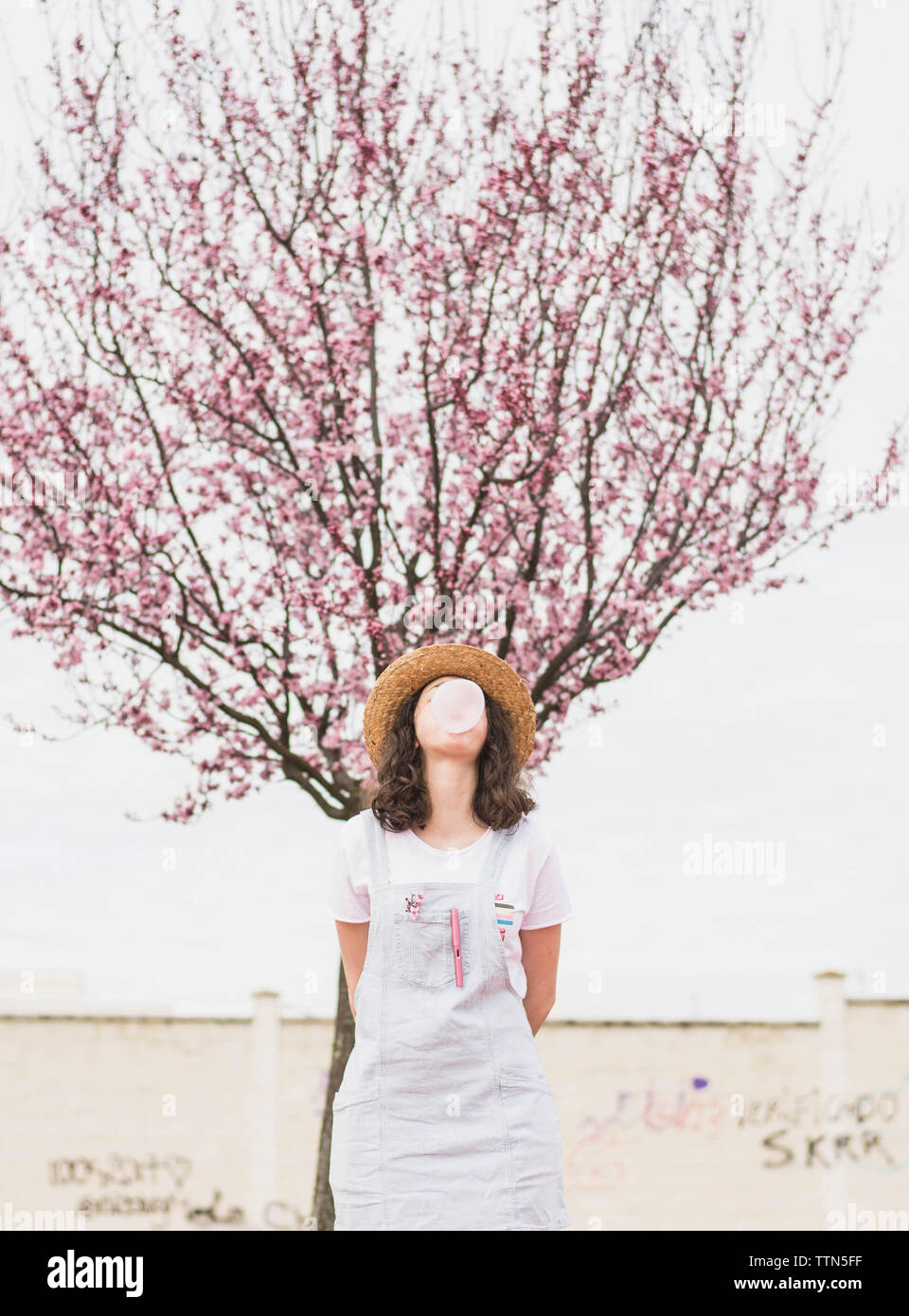Verspielte junge Frau blasen Bubble Gum, während gegen cherry tree in PARK-Stellung Stockfoto