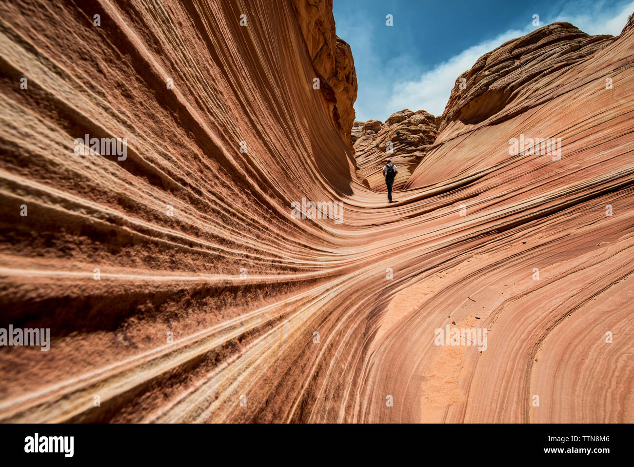 Ansicht der Rückseite des Wanderer auf dramatische Landschaft Stockfoto