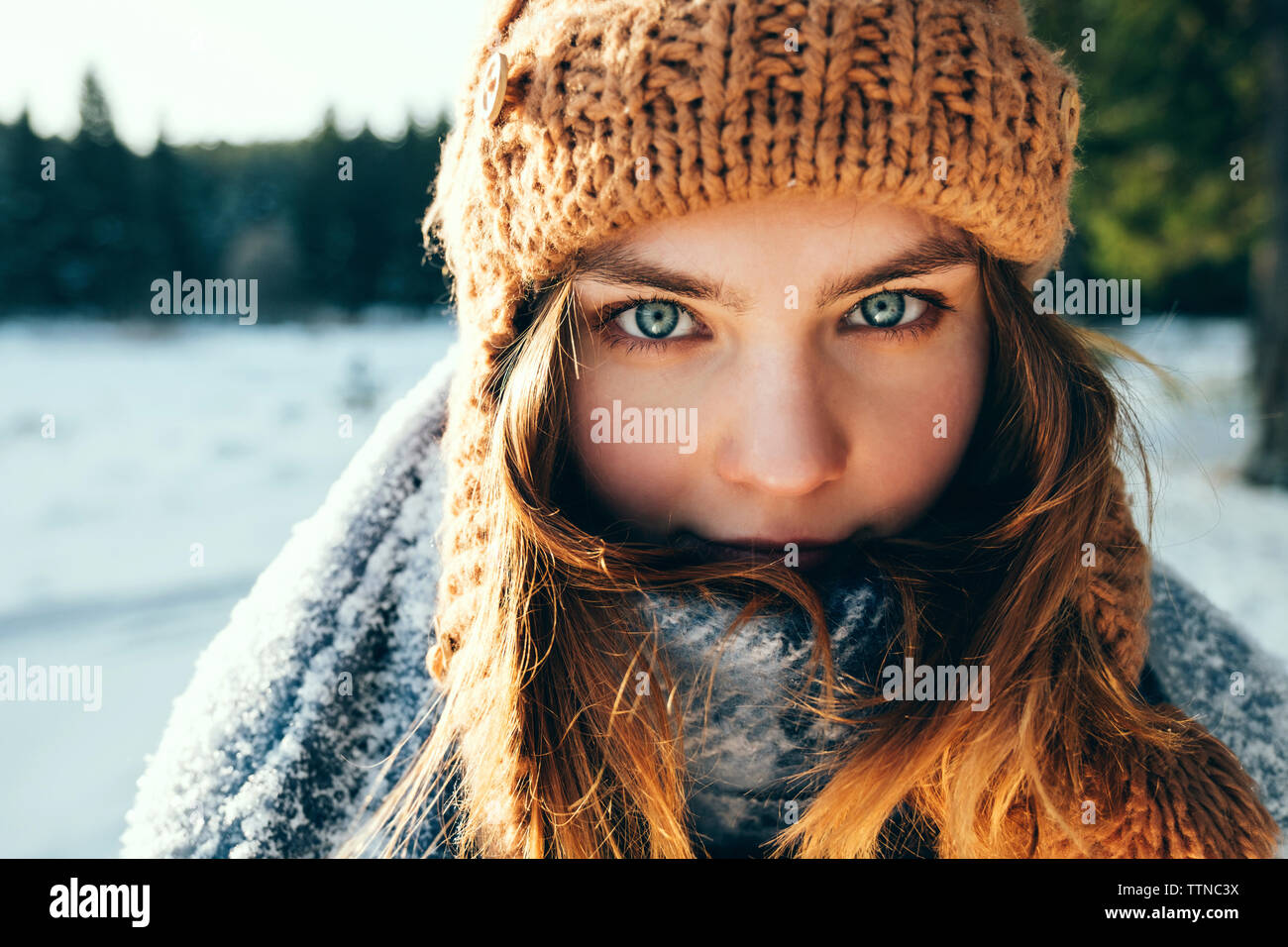 Porträt einer schönen Frau an einem Wintertag Stockfoto