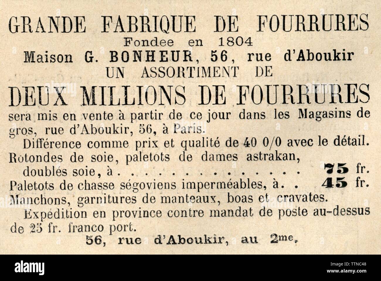 PUBLICITÉ ANCIENNE. GRANDE FABRIQUE DE FOURRURES. 1871 Stockfoto