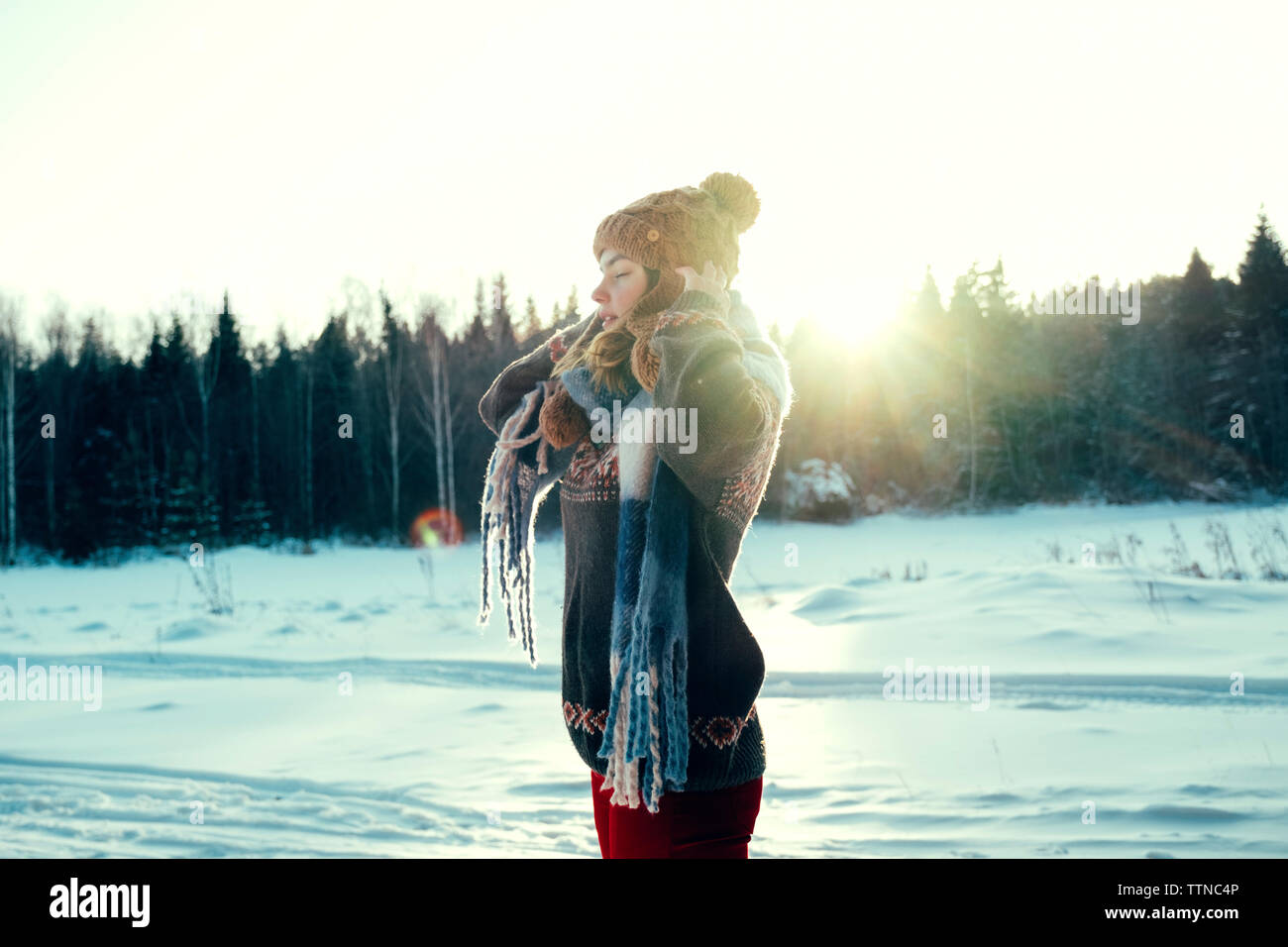 Porträt einer schönen Frau an einem Wintertag Stockfoto