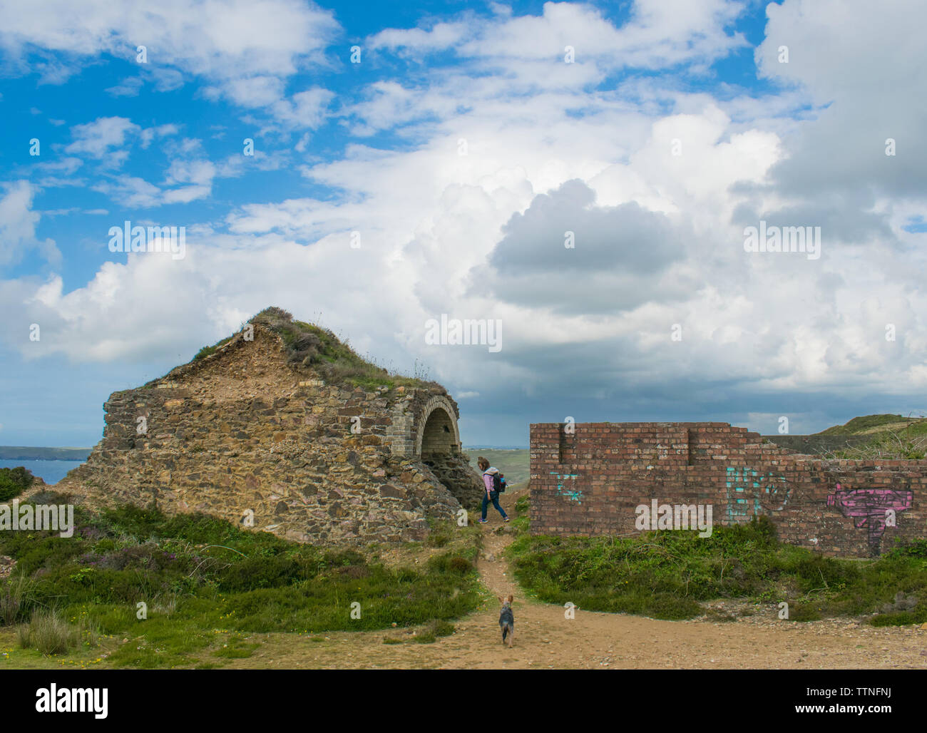 Die Reste der Cligga Leiter Zinn und Wolfram Mine in Perranporth, Cornwall, UK. Stockfoto