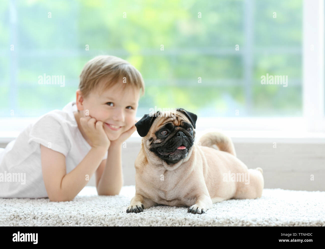 Susse Junge Mit Mops Liegend Auf Dem Teppich Stockfoto Bild
