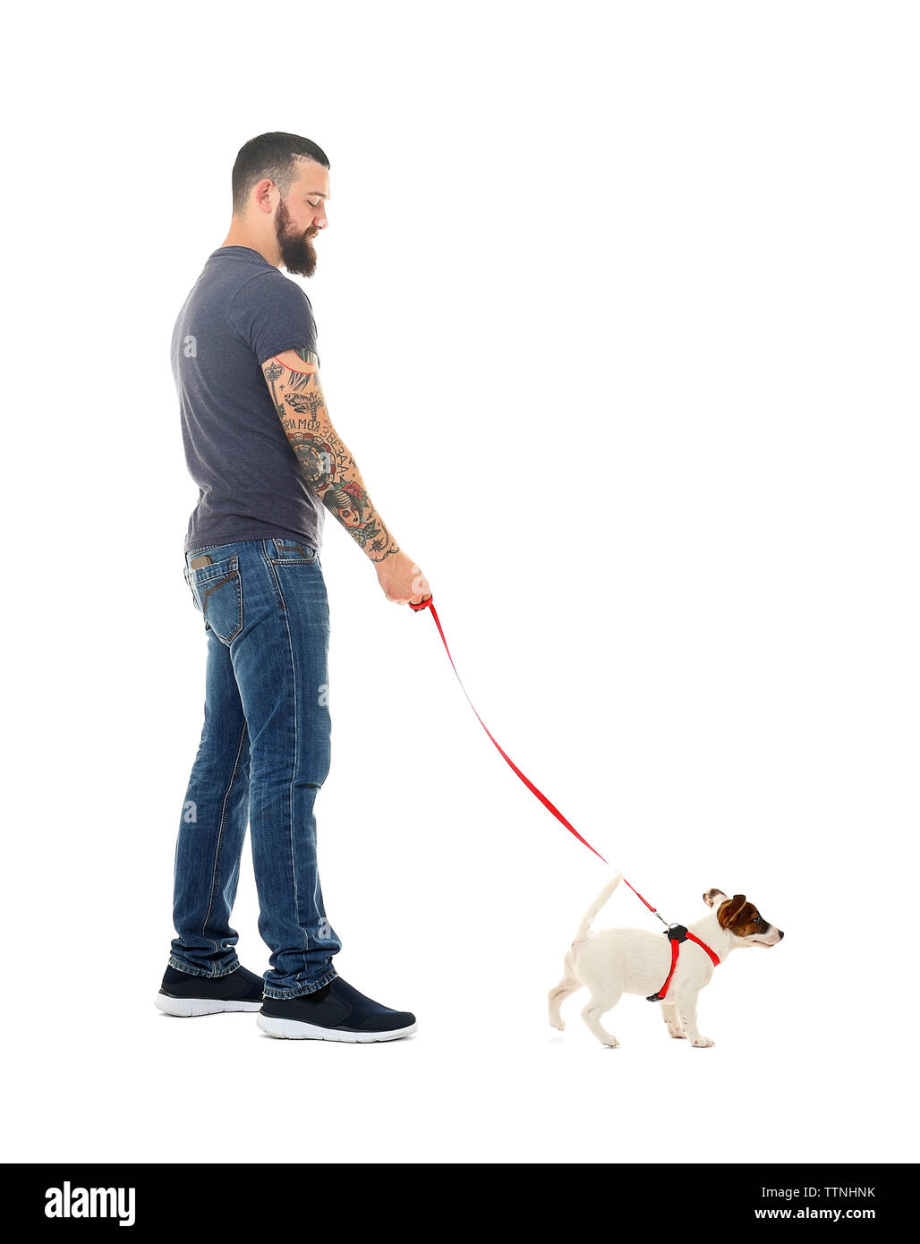 Stattlicher Mann mit niedlichen Hund, isoliert auf weißem Stockfoto