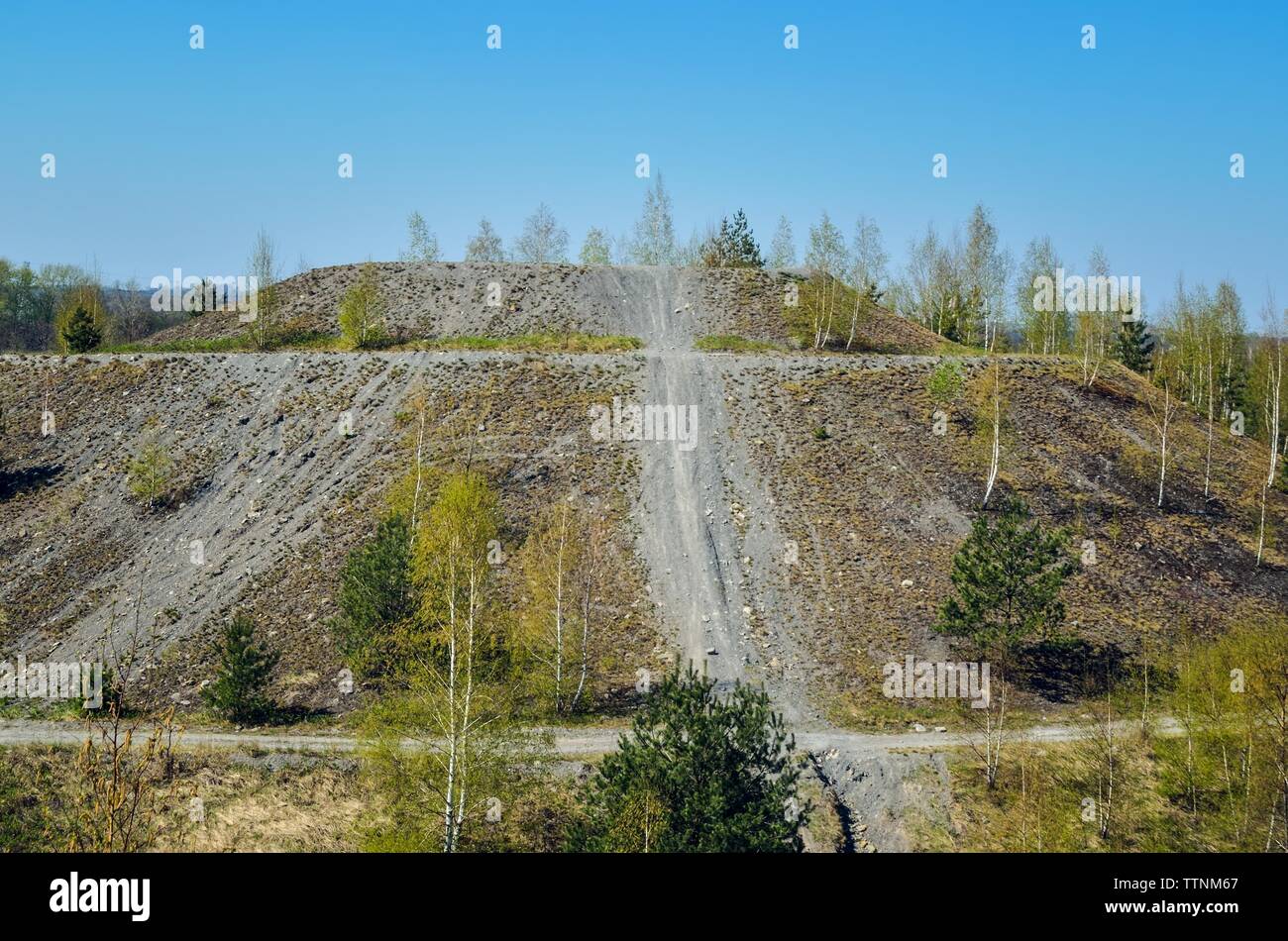Steinkohlenbergbau in Polen. Mine Heap im Frühjahr Landschaft. Stockfoto