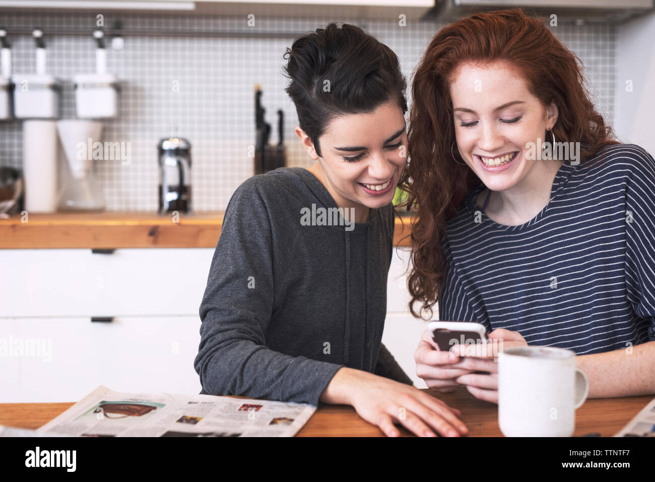 Gerne Lesben mit Handy während am Esstisch sitzen Stockfoto