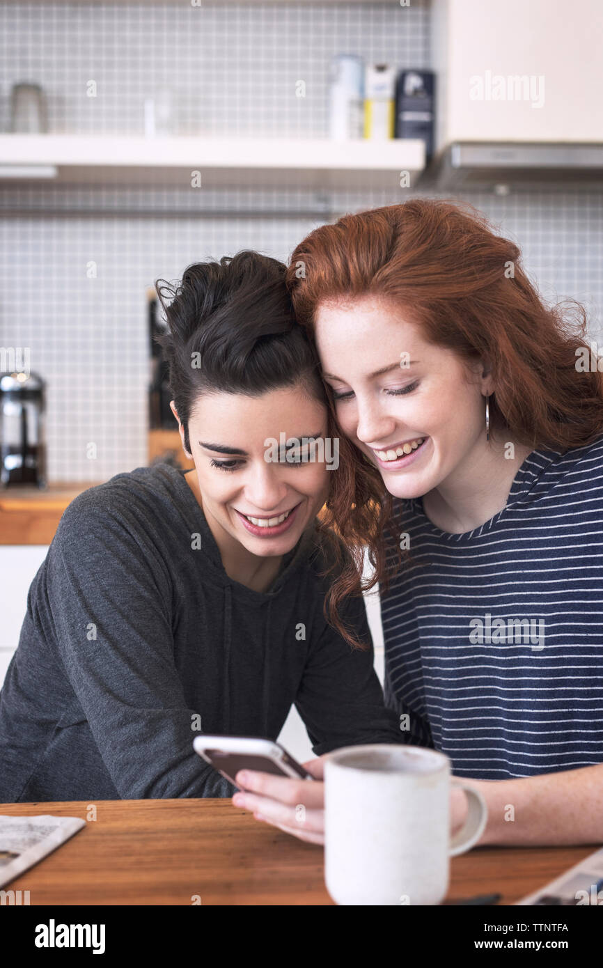 Gerne Lesben mit Handy während durch Esstisch zu Hause sitzen Stockfoto