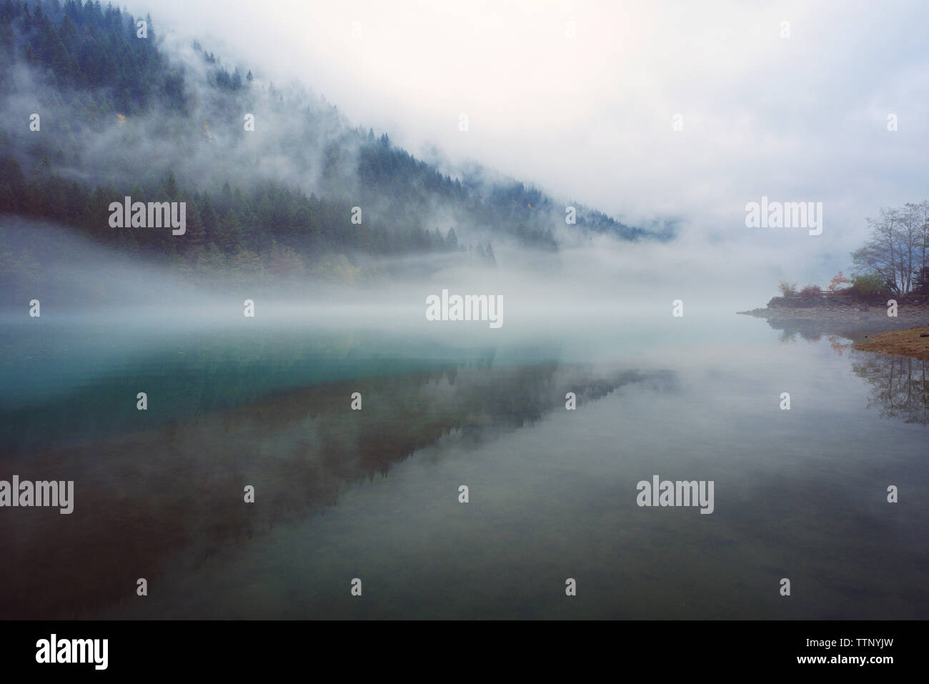 Malerischer Blick auf den See und die Berge bei Nebel Stockfoto