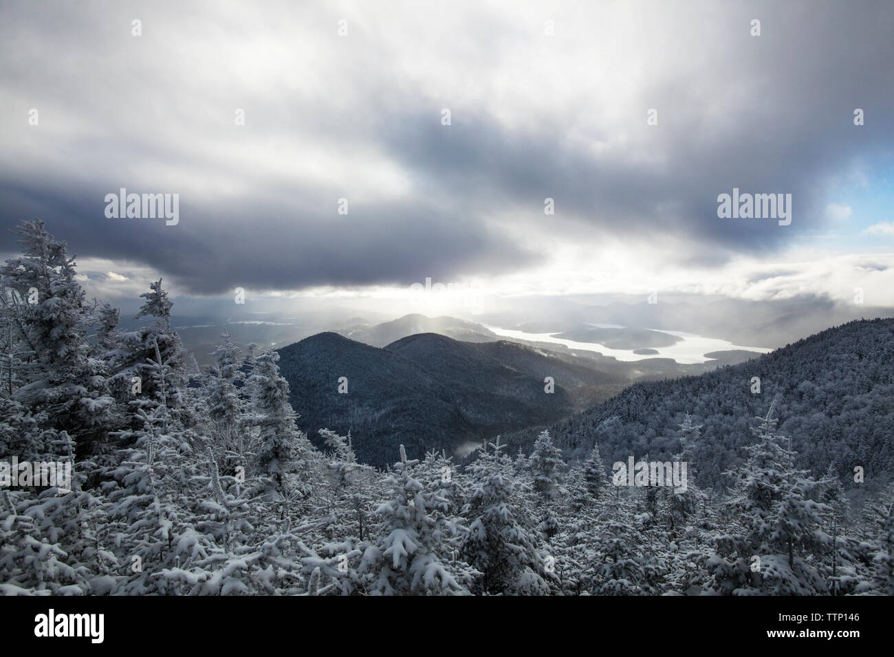 Malerischer Blick auf schneebedeckte Bäume und Berge gegen bewölkter Himmel Stockfoto