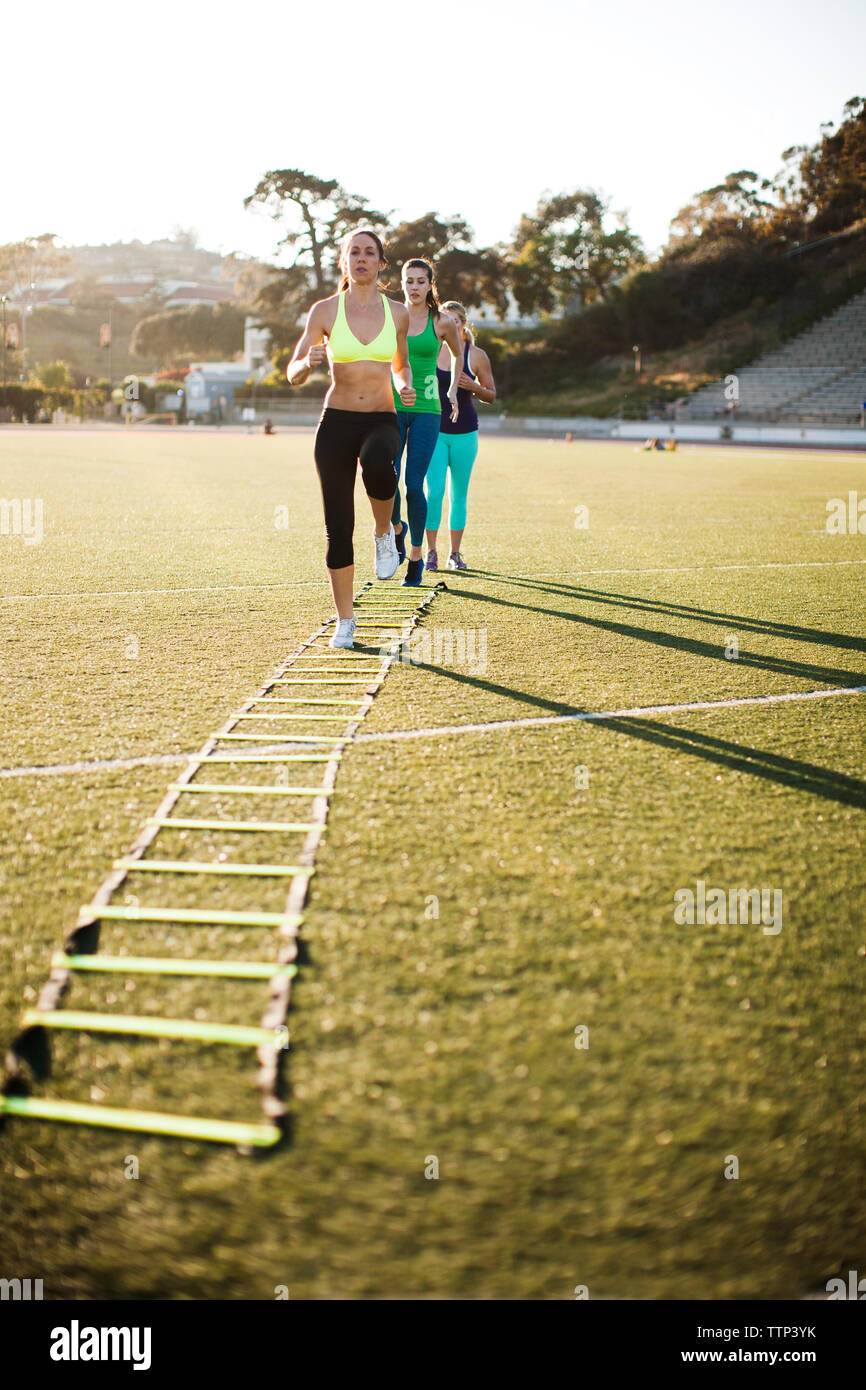 Freunde Training mit Agility ladder auf Sportplatz Stockfoto