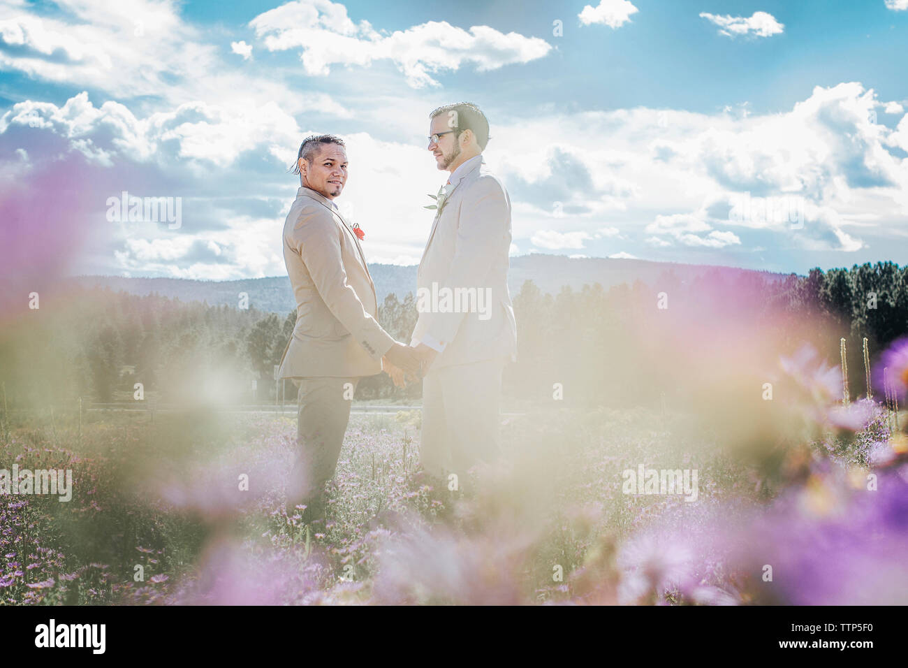 Homosexuelle Paare halten sich an den Händen und stehen auf Feld gegen bewölkter Himmel Stockfoto