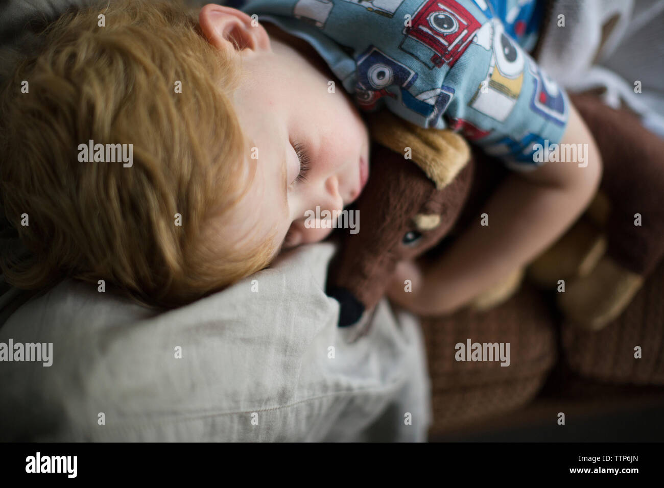 Junge mit Teddy Bär schlafend auf dem Sofa zu Hause Stockfoto