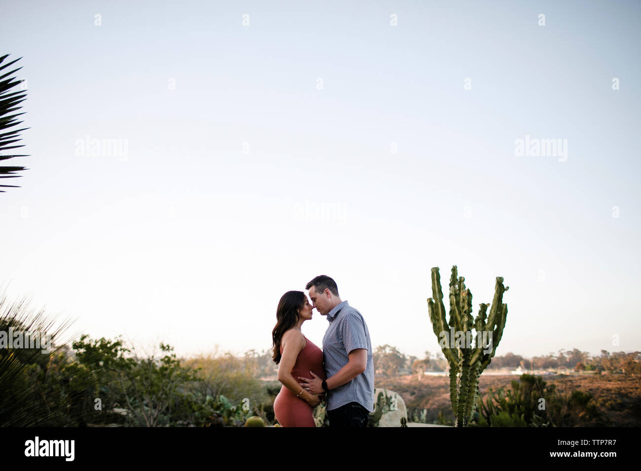 Romantische mann Berühren der schwangeren Frau Bauch, während gegen den klaren Himmel in PARK-Stellung Stockfoto