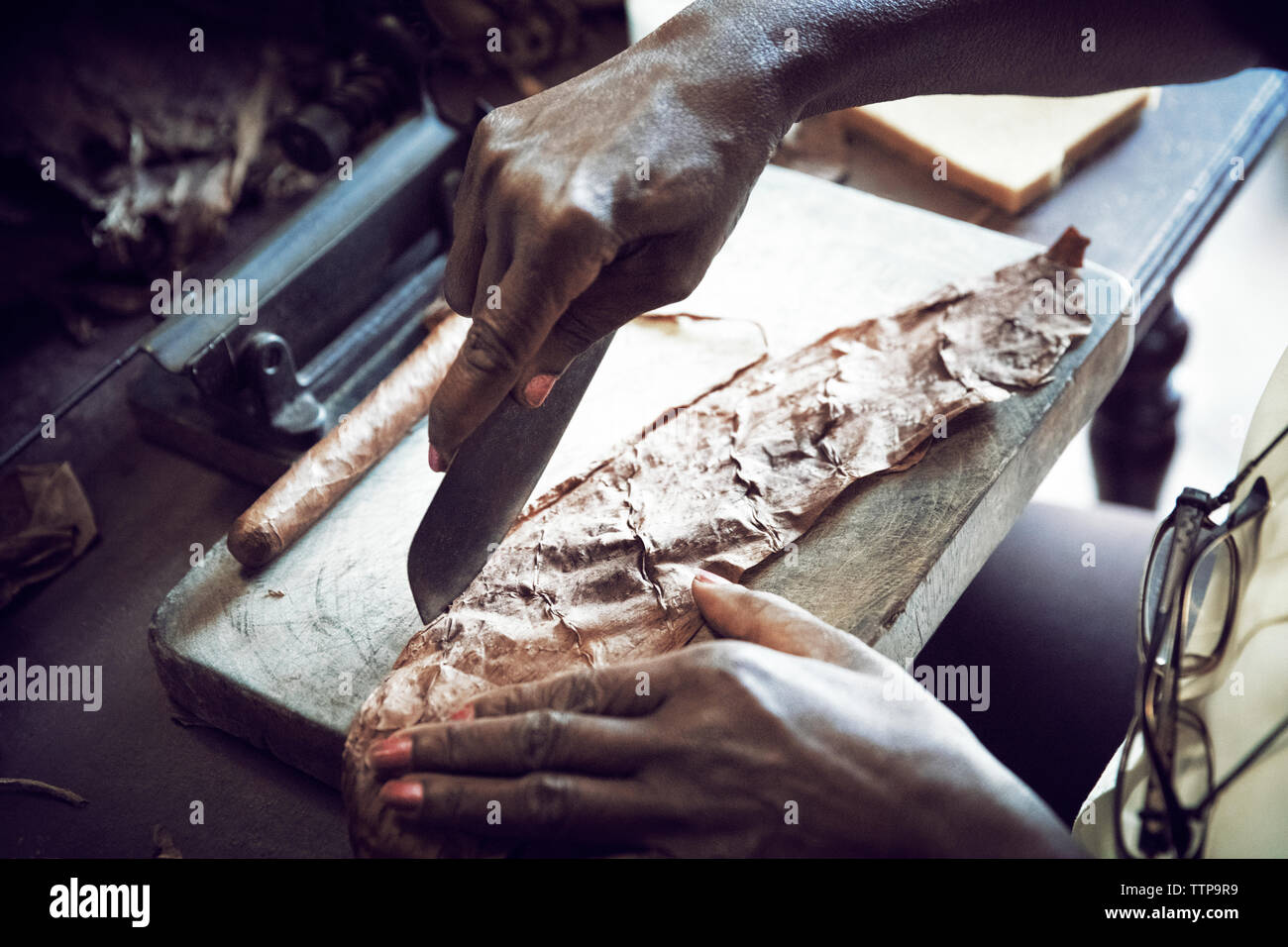 7/8 Bild der Frau schneiden Blatt während der Herstellung Zigarre in der Factory Stockfoto