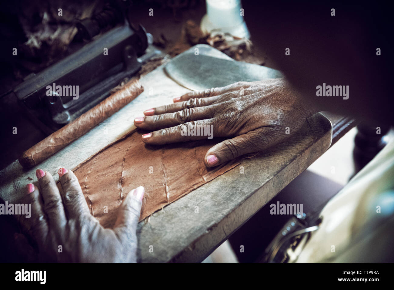 7/8 Bild der Frau Verbreitung Blatt während der Zigarre in der Factory Stockfoto