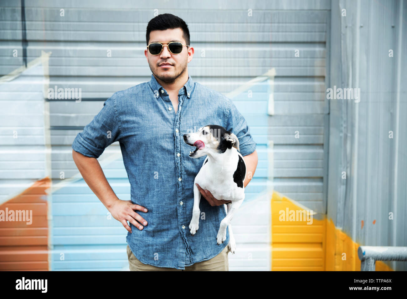 Mann mit Sonnenbrille, Hund, während gegen die Wand auf der Straße Stockfoto