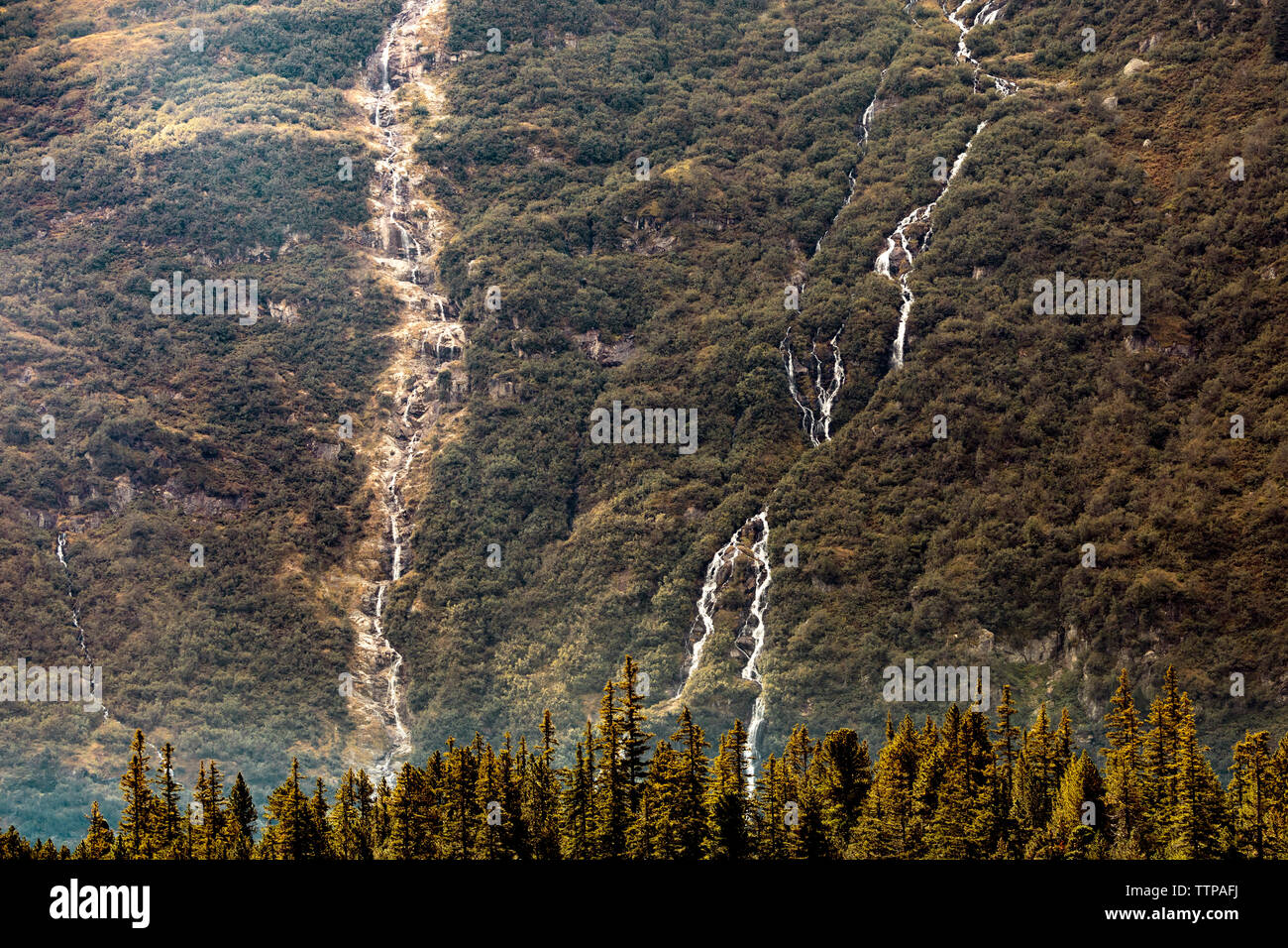 Sicht auf die Wasserfälle am grünen Berg Stockfoto