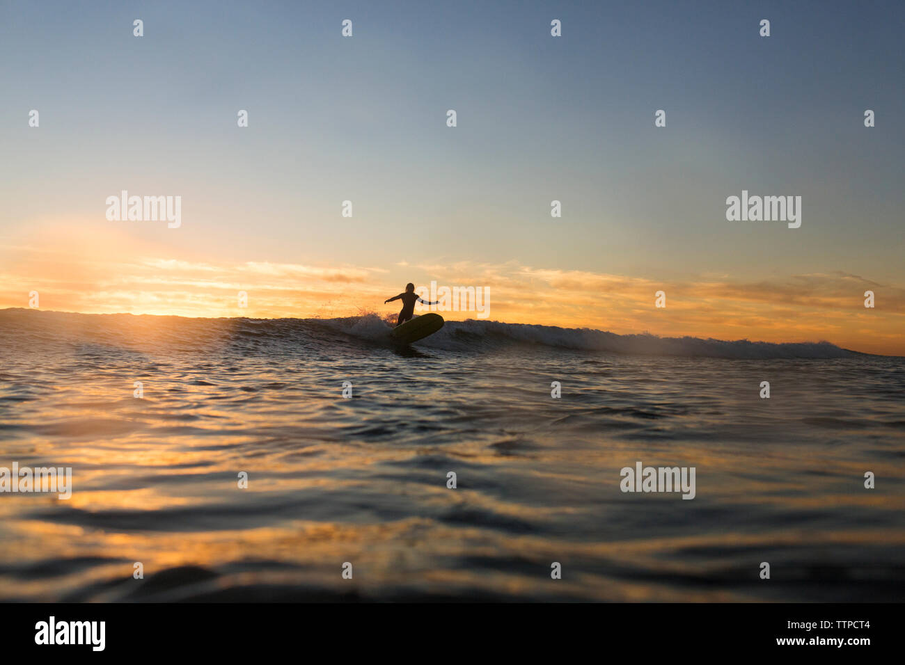 Fernsicht auf silhouette Frau Surfen am Meer bei Sonnenuntergang Stockfoto