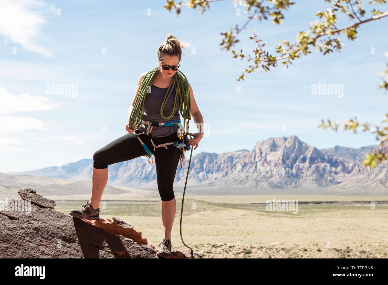 Volle Länge des Frau anziehen Sicherheit Kabelbaum beim Stehen gegen Berge im Red Rock Canyon National Conservation Area Stockfoto