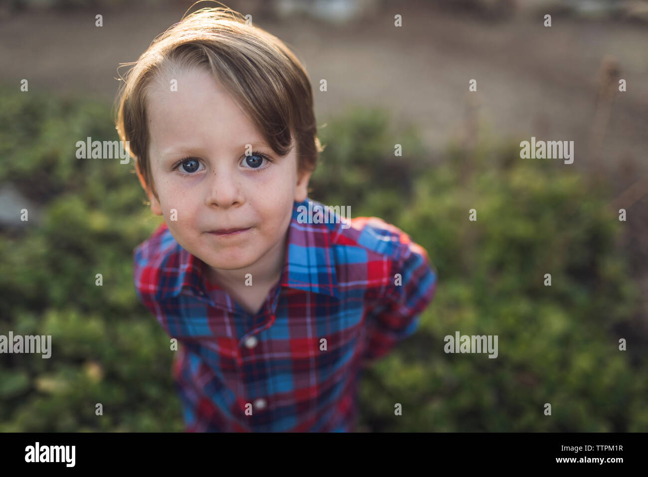 Portrait von zuversichtlich Junge im Park Stockfoto