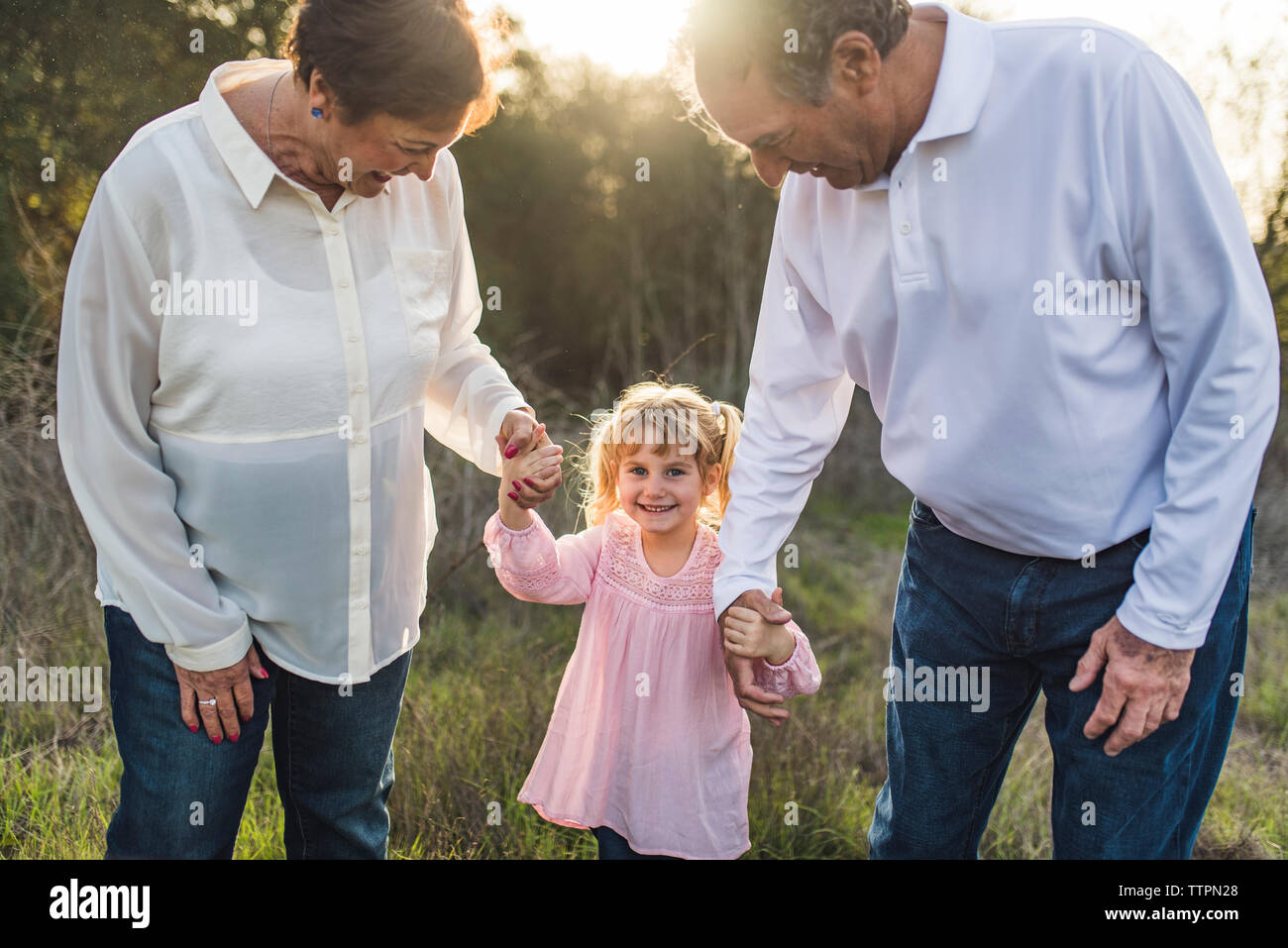 Portrait von Großeltern halten kleine Mädchen Hand in Feld Stockfoto