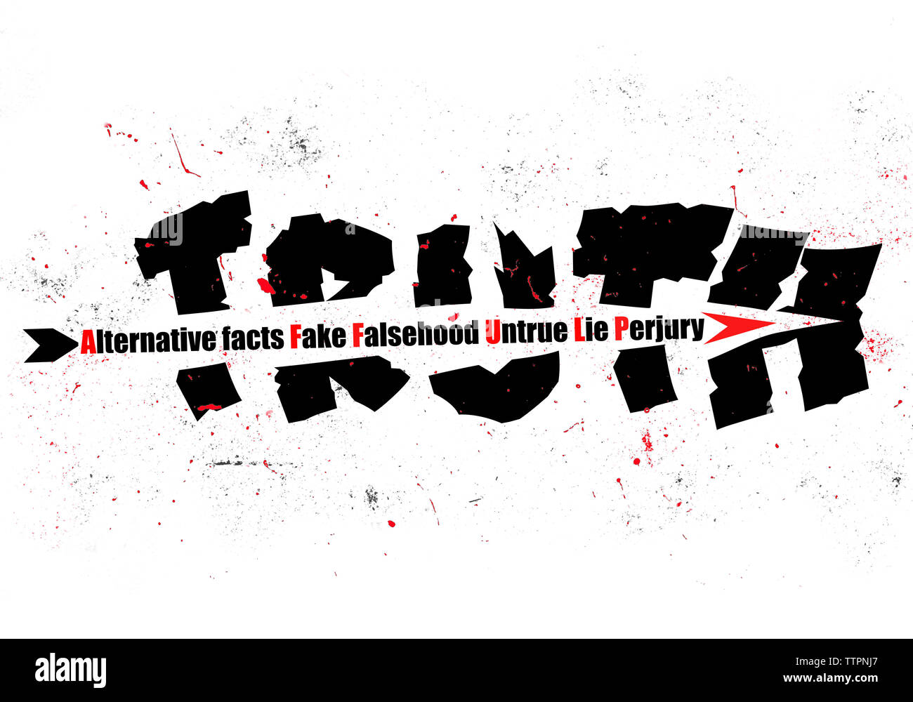 Konzept Abbildung: ein Pfeil der Alternativen Fakten, Fake, Lüge, Wahrheit, Lüge und Meineid erschütternde Wahrheit text Farbe bespritzt Hintergrund Stockfoto