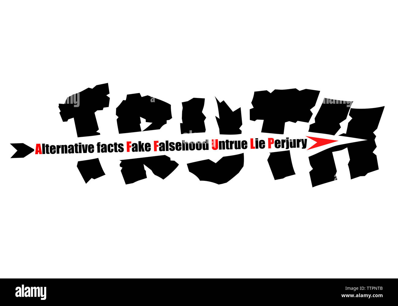 Konzept Abbildung: ein Pfeil der Alternativen Fakten, Fake, Lüge, Wahrheit, Lüge und Meineid erschütternde Wahrheit Text auf weißem Hintergrund Stockfoto